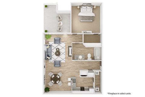 Floor plan for 1 bed, 1 bath, 817 sqft